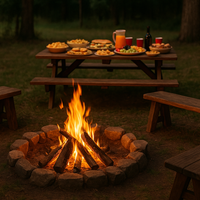 Campfire in the foreground with some benches around it and a table in the background with some party food on it