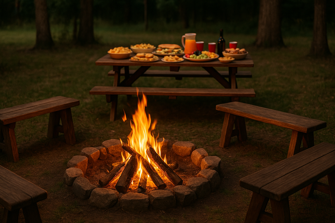 Campfire in the foreground with some benches around it and a table in the background with some party food on it